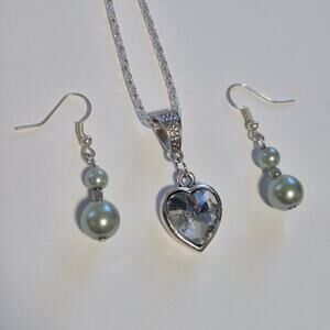 Crystal Heart Silver-tone Pendant Necklace w Faux Pearl Dangle Earrings #2